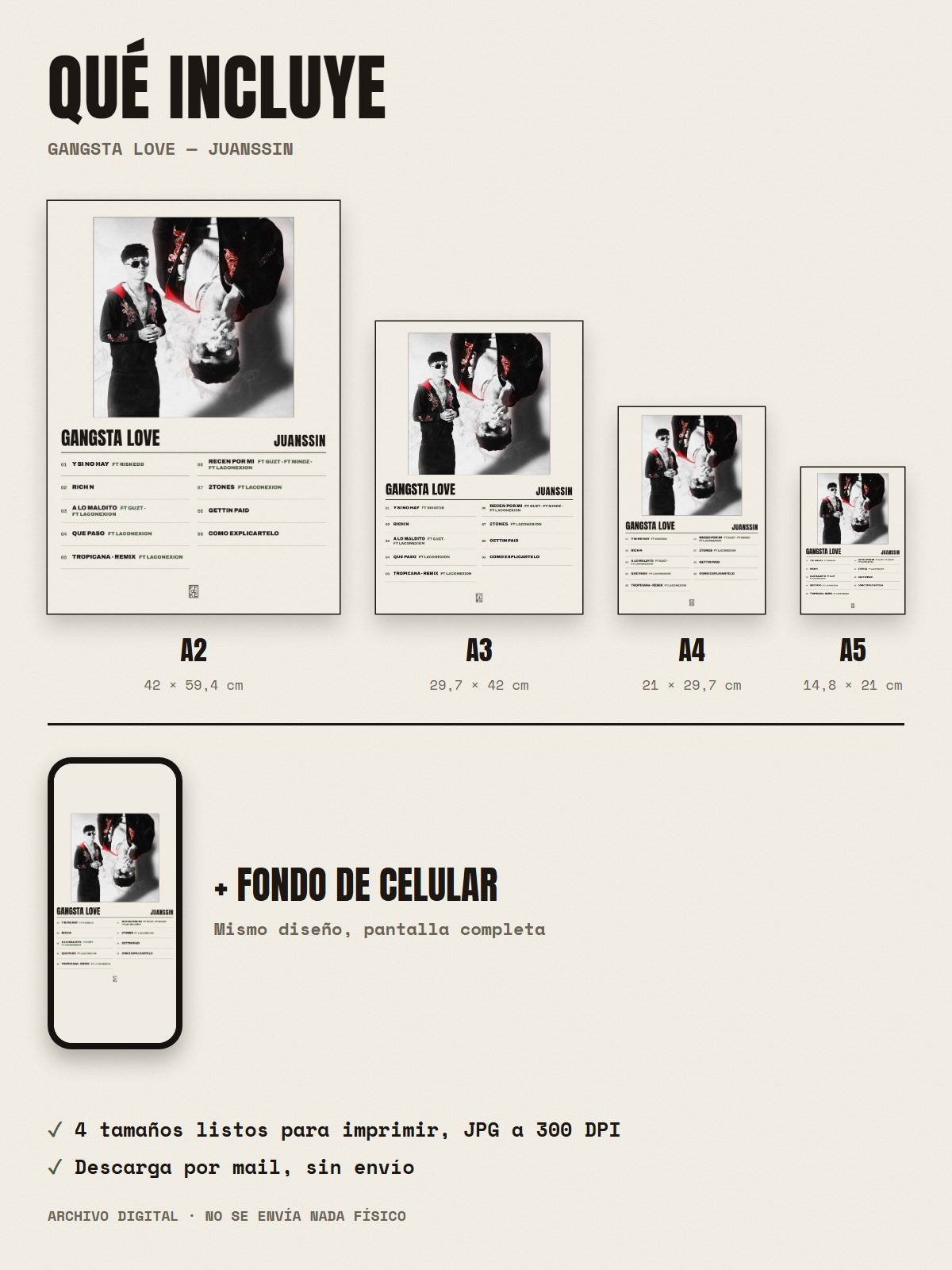 Qué incluye el póster de GANGSTA LOVE de juanssin: A2, A3, A4, A5 y fondo de celular