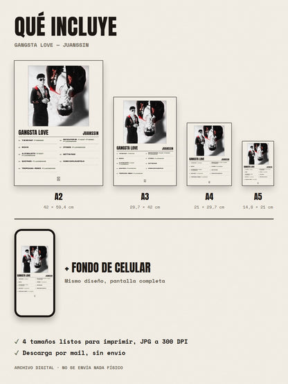 Qué incluye el póster de GANGSTA LOVE de juanssin: A2, A3, A4, A5 y fondo de celular