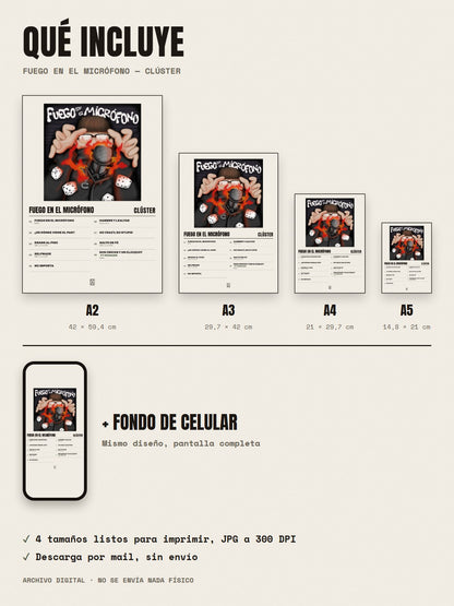 Qué incluye el póster de Fuego en el Micrófono de Clúster: A2, A3, A4, A5 y fondo de celular