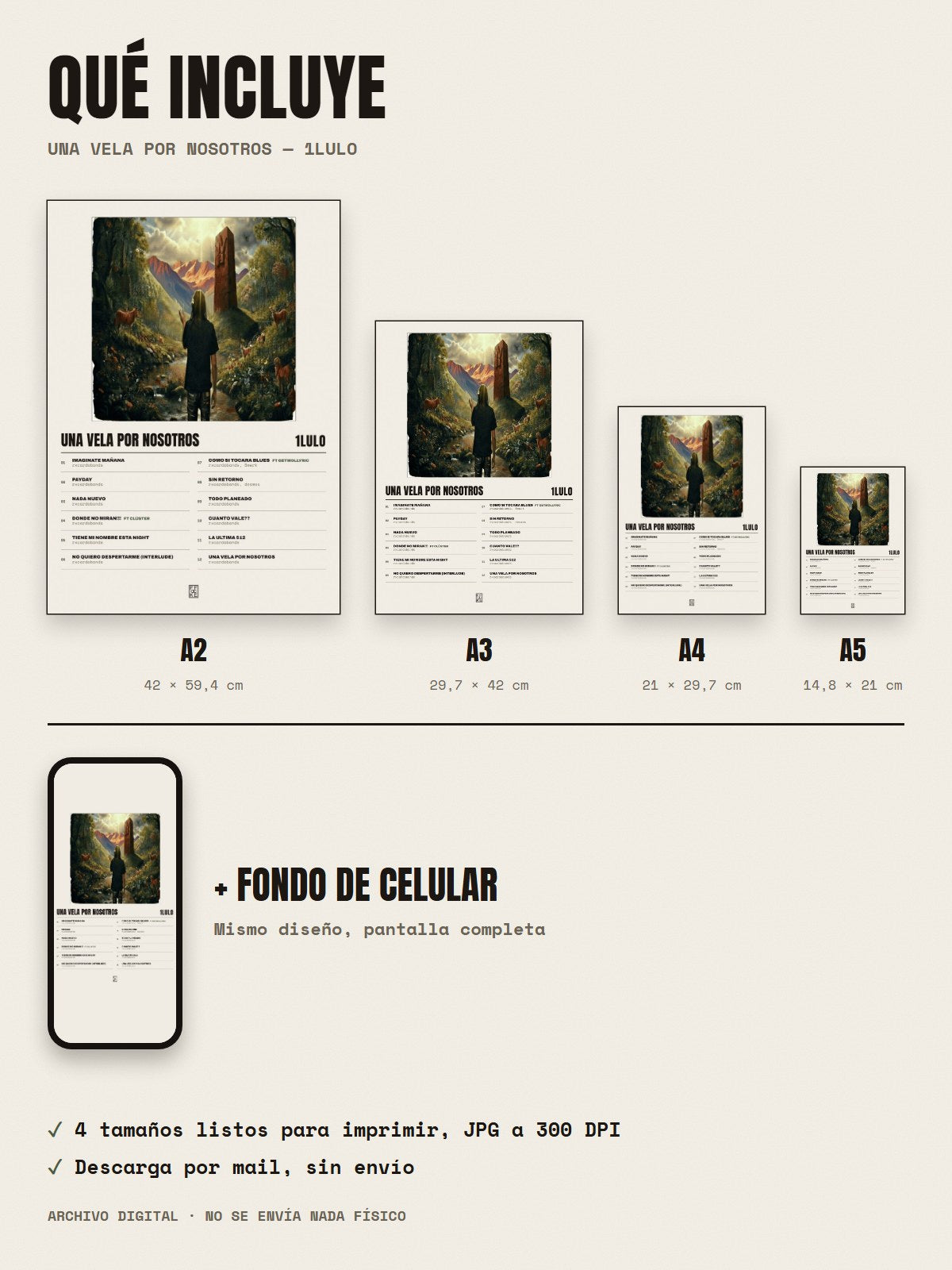 Qué incluye el póster de UNA VELA POR NOSOTROS de 1lulo: A2, A3, A4, A5 y fondo de celular