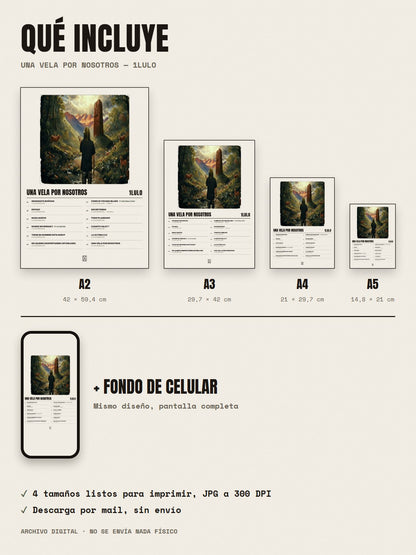 Qué incluye el póster de UNA VELA POR NOSOTROS de 1lulo: A2, A3, A4, A5 y fondo de celular