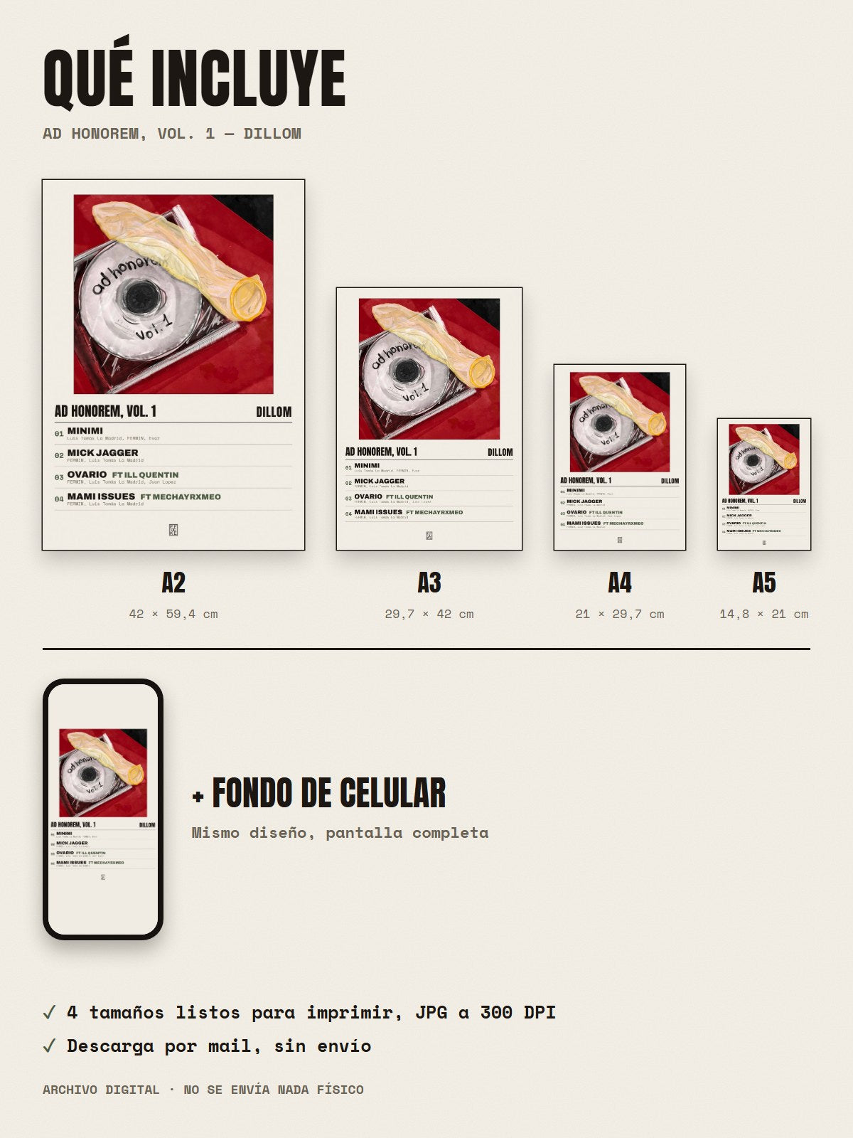 Qué incluye el póster de AD HONOREM, Vol. 1 de Dillom: A2, A3, A4, A5 y fondo de celular