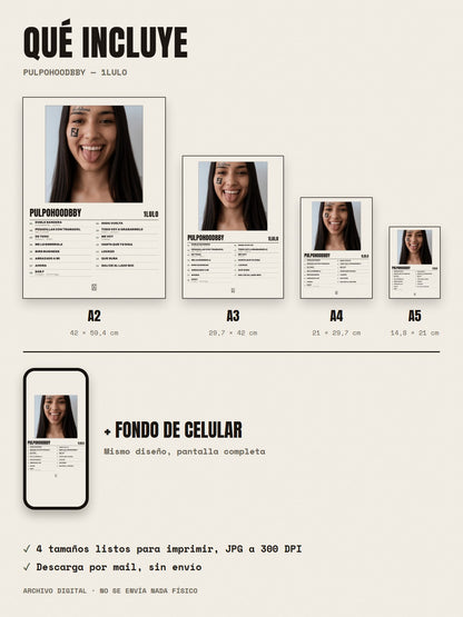 Qué incluye el póster de PULPOHOODBBY de 1lulo: A2, A3, A4, A5 y fondo de celular