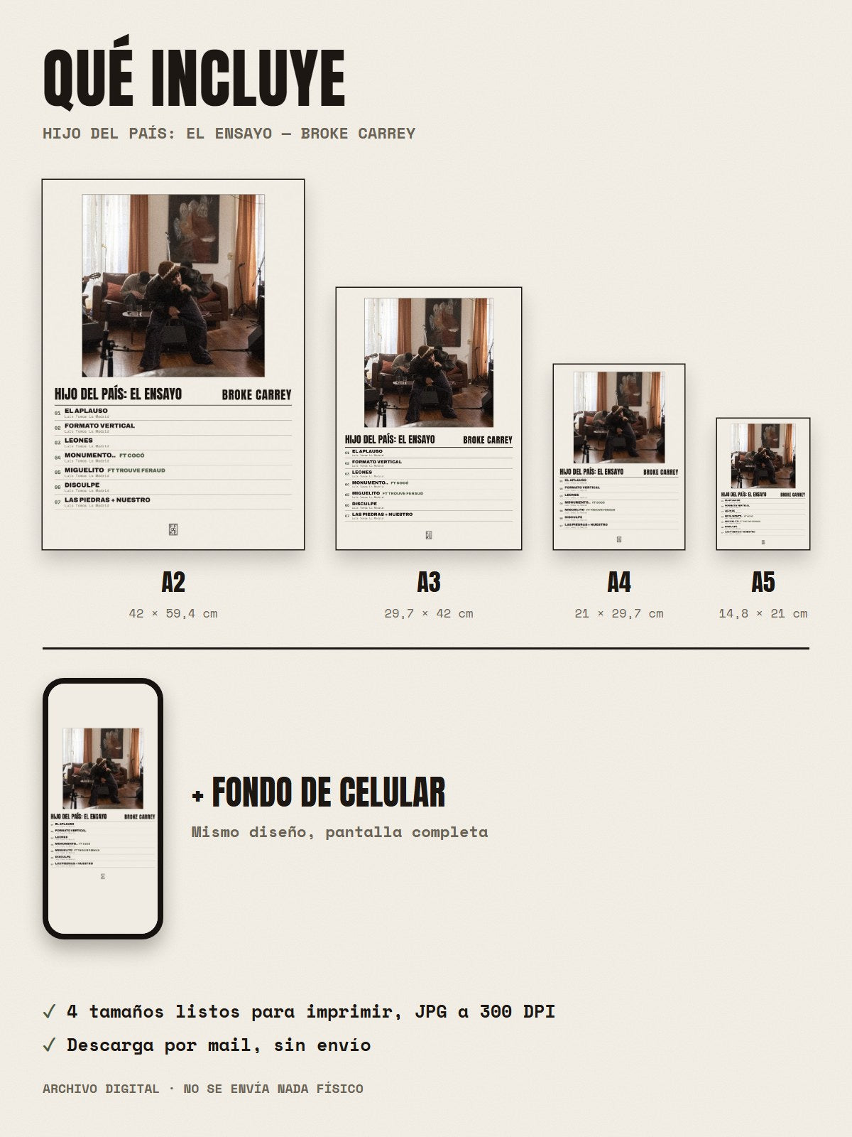 Qué incluye el póster de HIJO DEL PAÍS: EL ENSAYO de Broke Carrey: A2, A3, A4, A5 y fondo de celular