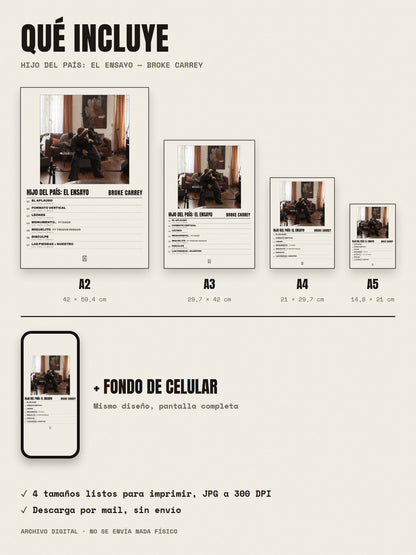 Qué incluye el póster de HIJO DEL PAÍS: EL ENSAYO de Broke Carrey: A2, A3, A4, A5 y fondo de celular
