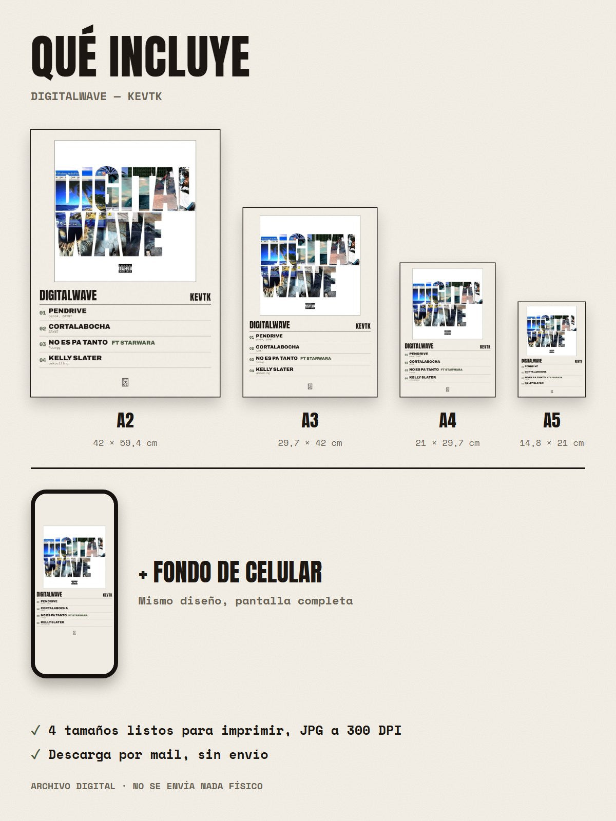 Qué incluye el póster de DiGiTALWAvE de KevTK: A2, A3, A4, A5 y fondo de celular