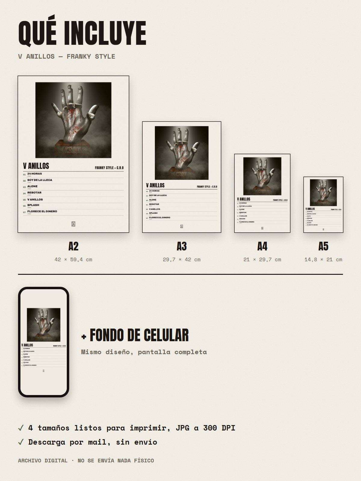 Qué incluye el póster de V Anillos de Franky Style × C.R.O: A2, A3, A4, A5 y fondo de celular