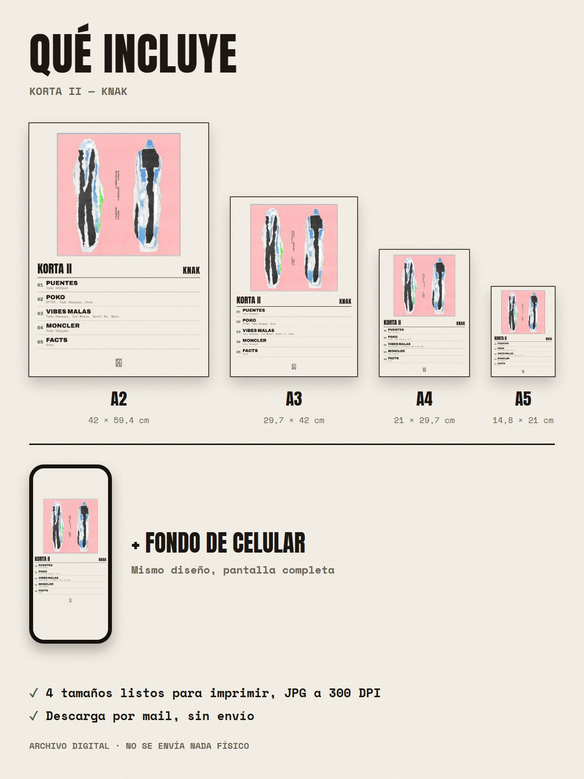 Qué incluye el póster de Korta II de Knak: A2, A3, A4, A5 y fondo de celular