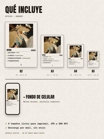 Qué incluye el póster de Oficio de Dagger: A2, A3, A4, A5 y fondo de celular