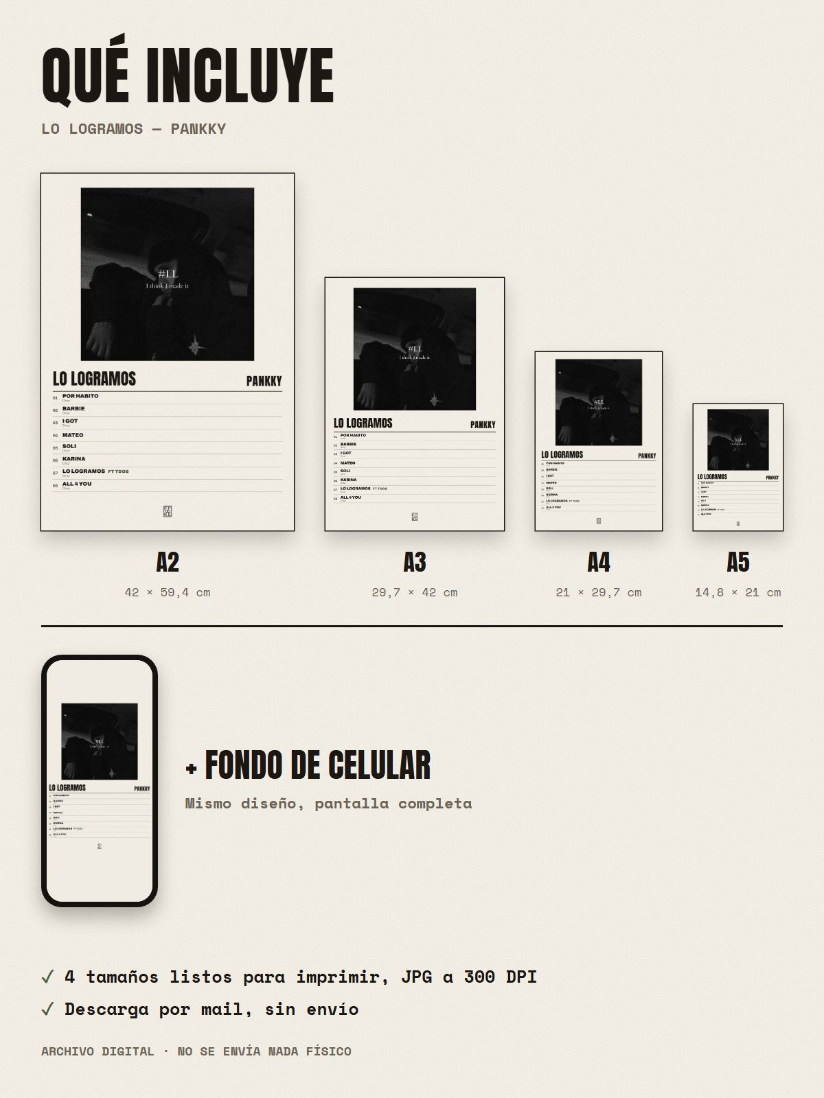 Qué incluye el póster de LO LOGRAMOS de Pankky: A2, A3, A4, A5 y fondo de celular