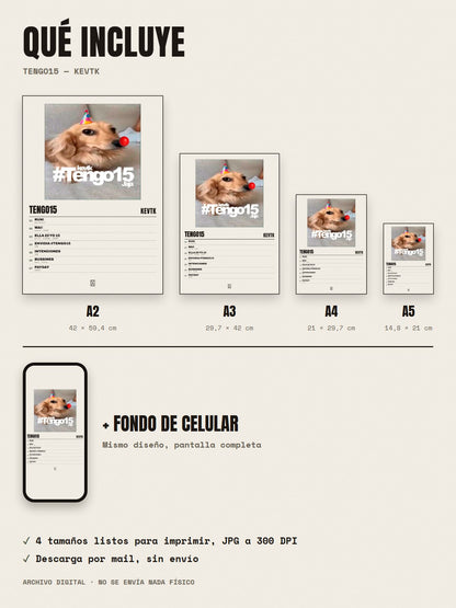 Qué incluye el póster de Tengo15 de KevTK: A2, A3, A4, A5 y fondo de celular