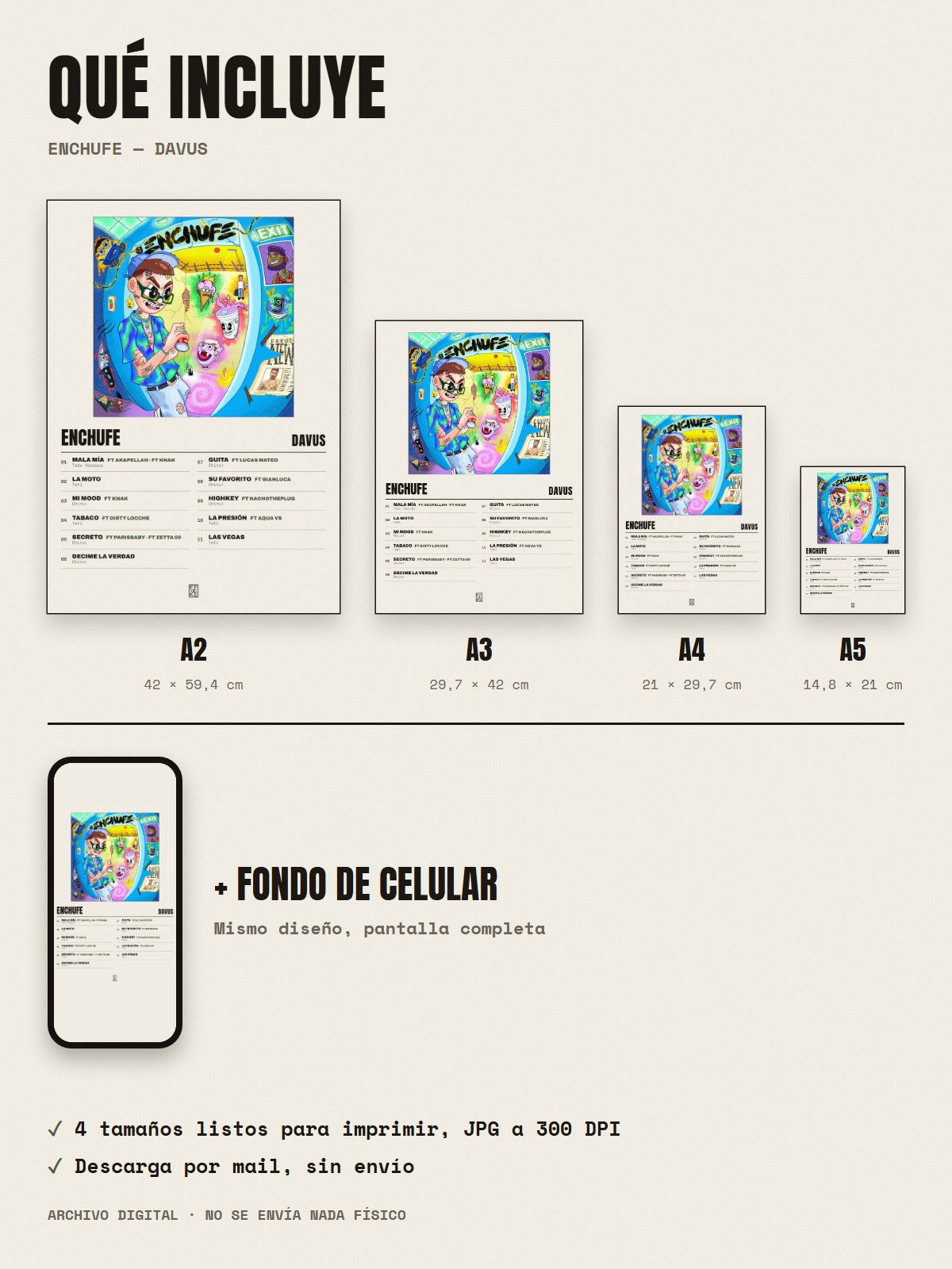 Qué incluye el póster de Enchufe de Davus: A2, A3, A4, A5 y fondo de celular