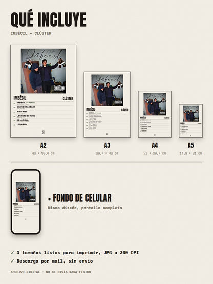 Qué incluye el póster de Imbécil de Clúster: A2, A3, A4, A5 y fondo de celular