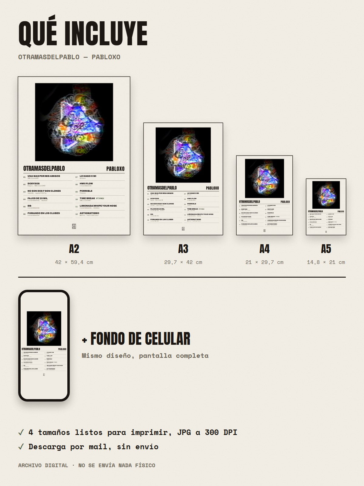 Qué incluye el póster de otramasdelpablo de pabloxo: A2, A3, A4, A5 y fondo de celular