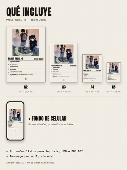 Qué incluye el póster de Padua Angel <3 de Joshu Joshu: A2, A3, A4, A5 y fondo de celular
