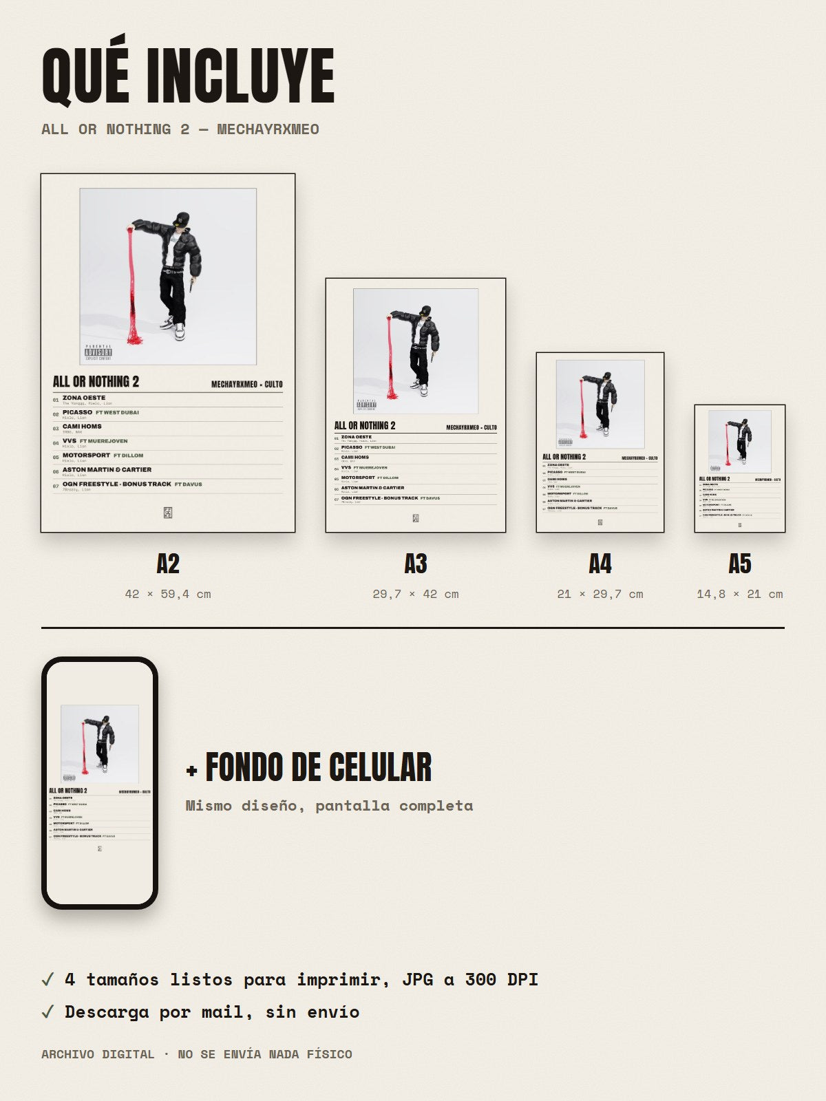 Qué incluye el póster de ALL OR NOTHING 2 de MECHAYRXMEO × CULTO: A2, A3, A4, A5 y fondo de celular