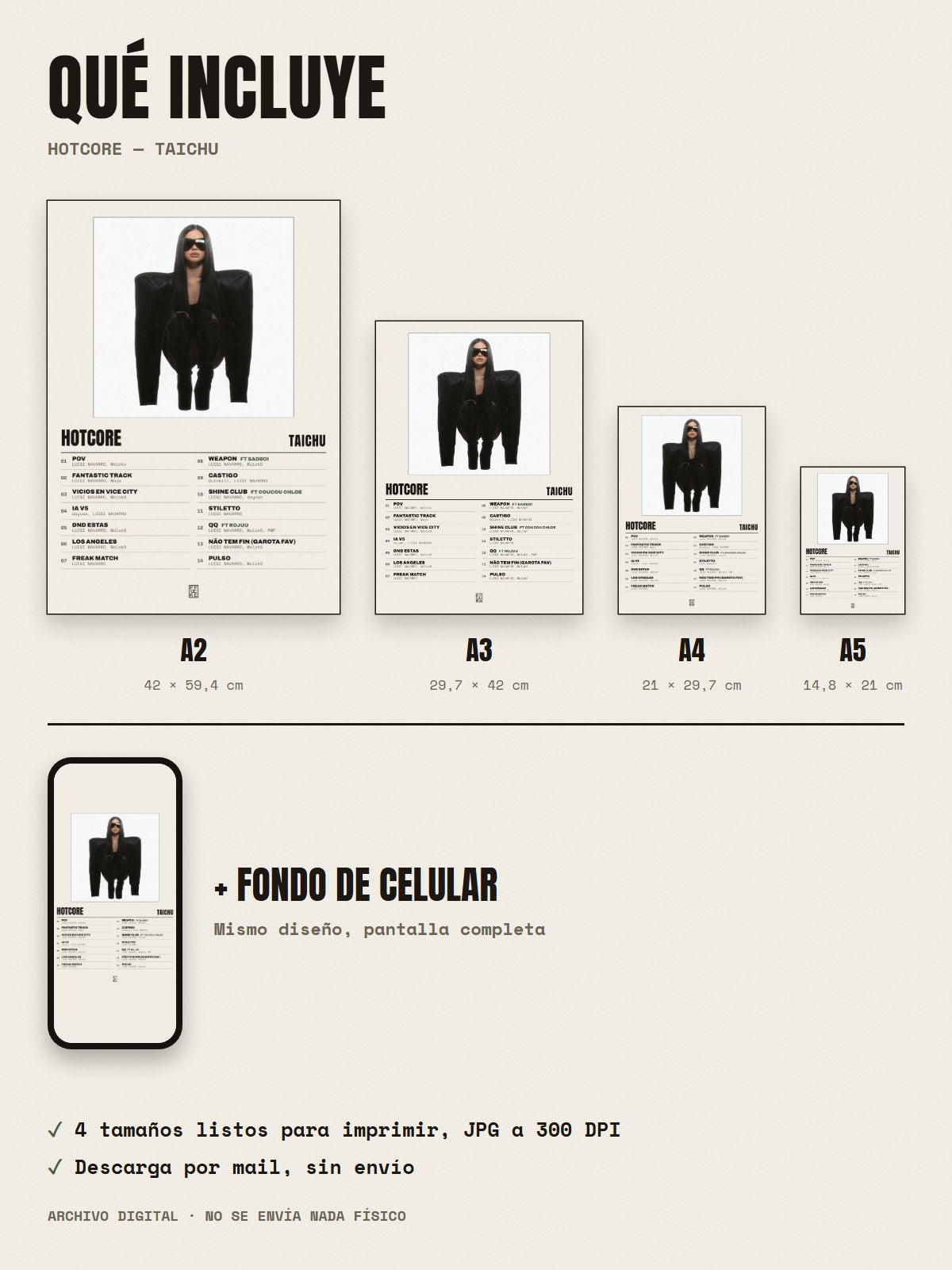 Qué incluye el póster de HOTCORE de TAICHU: A2, A3, A4, A5 y fondo de celular