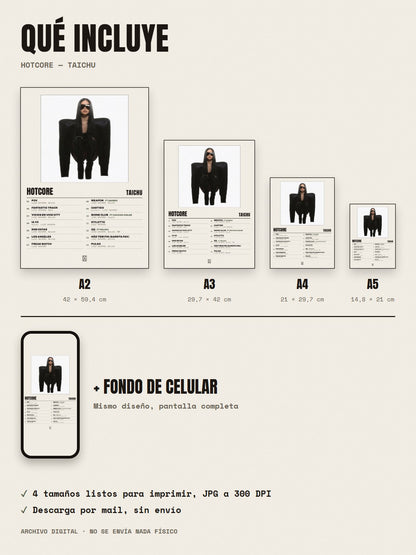 Qué incluye el póster de HOTCORE de TAICHU: A2, A3, A4, A5 y fondo de celular
