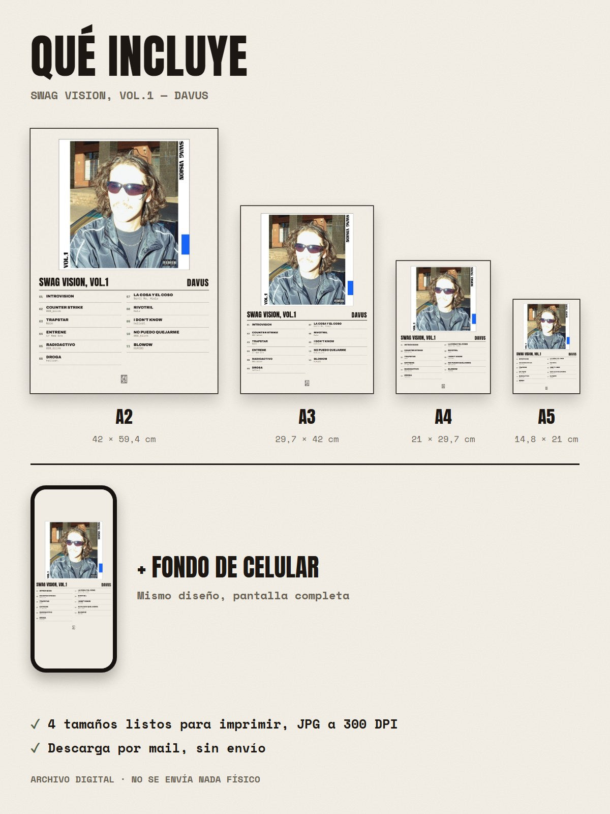 Qué incluye el póster de Swag Vision, Vol.1 de Davus: A2, A3, A4, A5 y fondo de celular