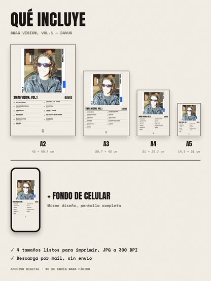 Qué incluye el póster de Swag Vision, Vol.1 de Davus: A2, A3, A4, A5 y fondo de celular