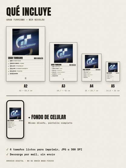 Qué incluye el póster de Gran Turrismo de Mir Nicolás: A2, A3, A4, A5 y fondo de celular