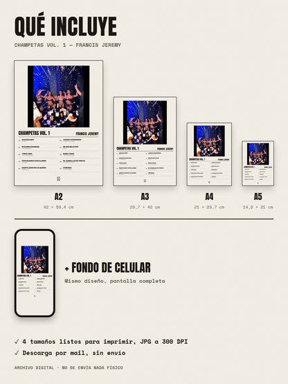 Qué incluye el póster de CHAMPETAS VOL. 1 de Francis Jeremy: A2, A3, A4, A5 y fondo de celular