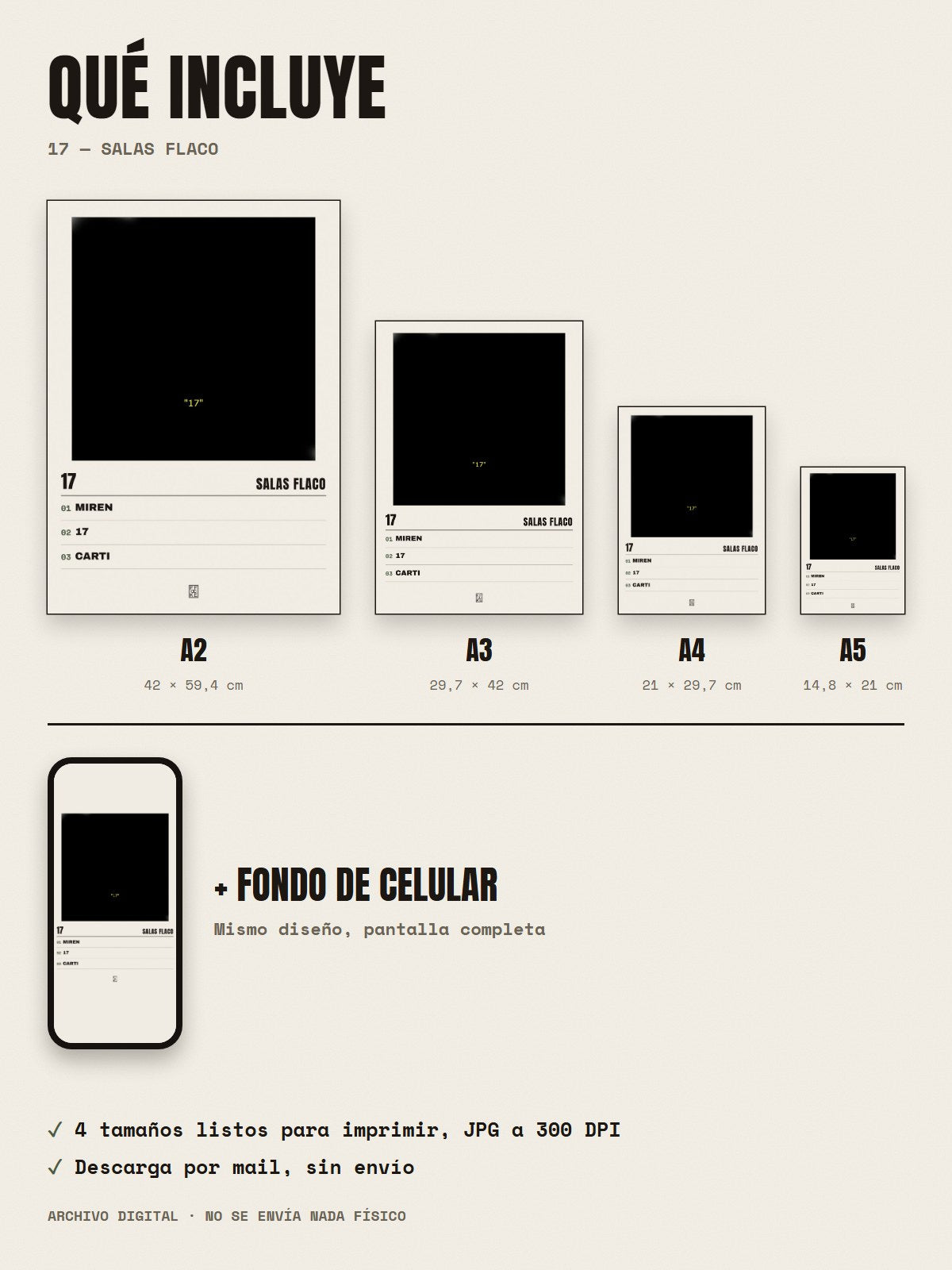 Qué incluye el póster de 17 de Salas Flaco: A2, A3, A4, A5 y fondo de celular