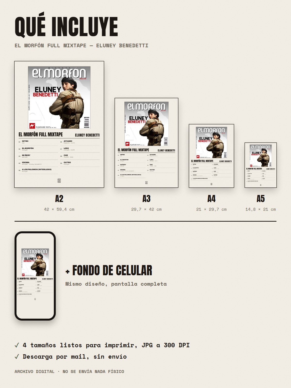 Qué incluye el póster de El morfón full mixtape de eluney benedetti: A2, A3, A4, A5 y fondo de celular