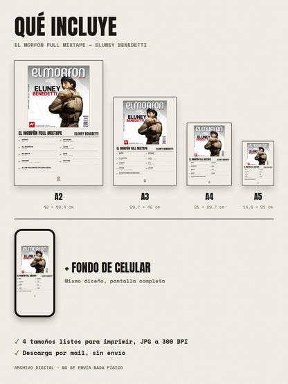 Qué incluye el póster de El morfón full mixtape de eluney benedetti: A2, A3, A4, A5 y fondo de celular