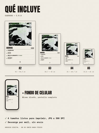Qué incluye el póster de Cuervos de C.R.O: A2, A3, A4, A5 y fondo de celular