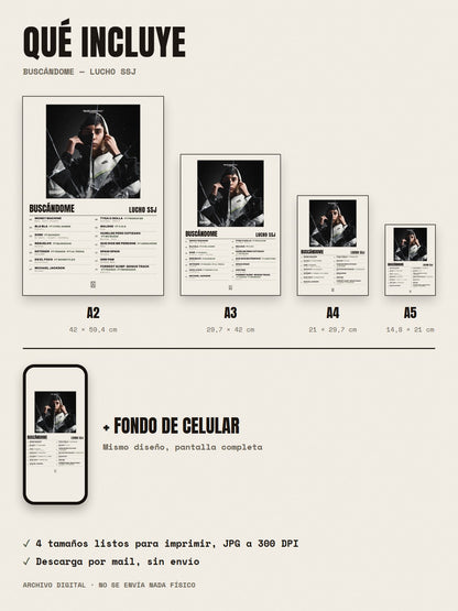 Qué incluye el póster de Buscándome de Lucho SSJ: A2, A3, A4, A5 y fondo de celular