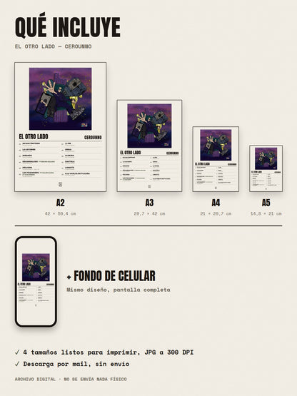 Qué incluye el póster de El otro lado de Cerounno: A2, A3, A4, A5 y fondo de celular