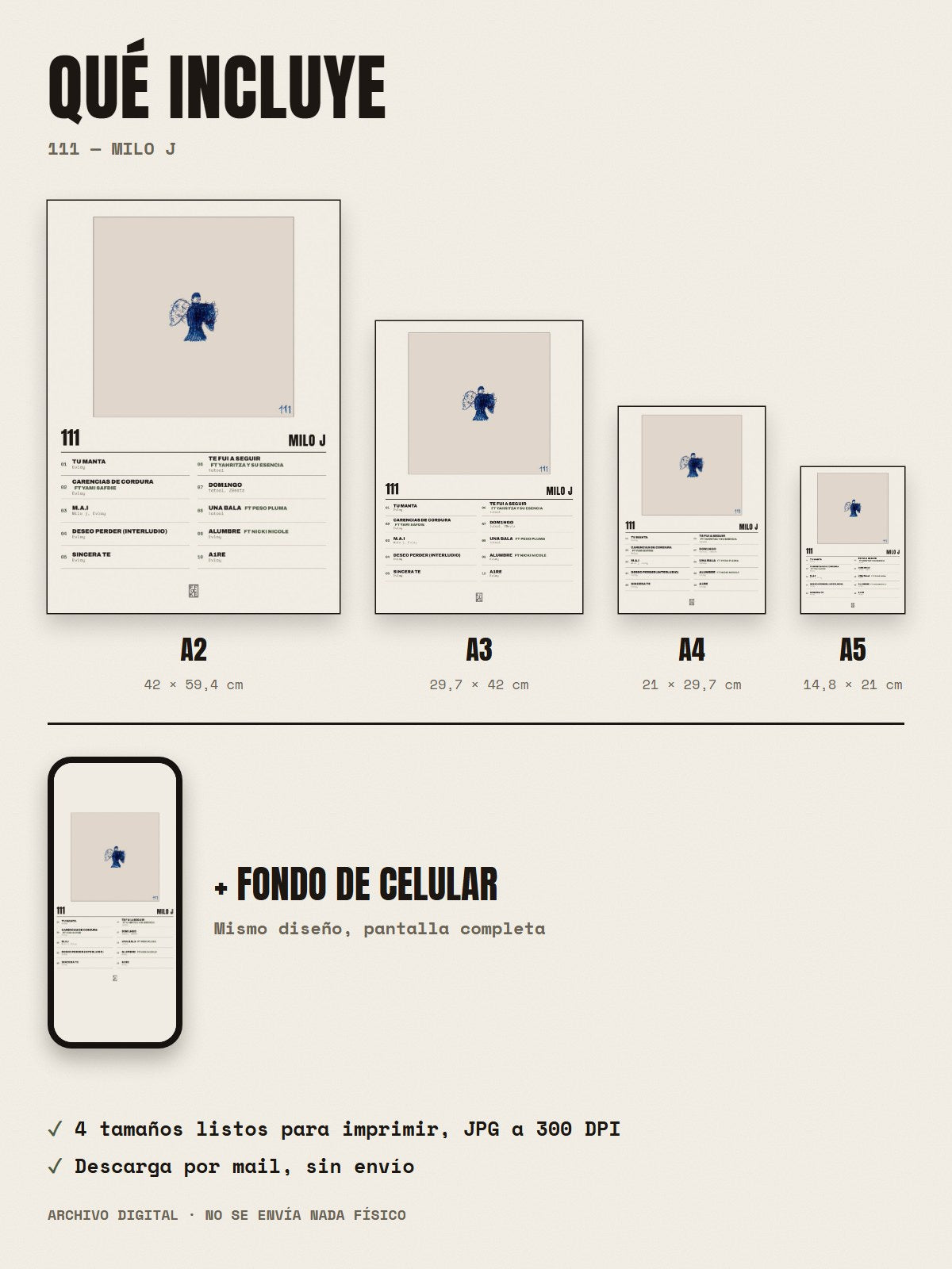 Qué incluye el póster de 111 de Milo j: A2, A3, A4, A5 y fondo de celular