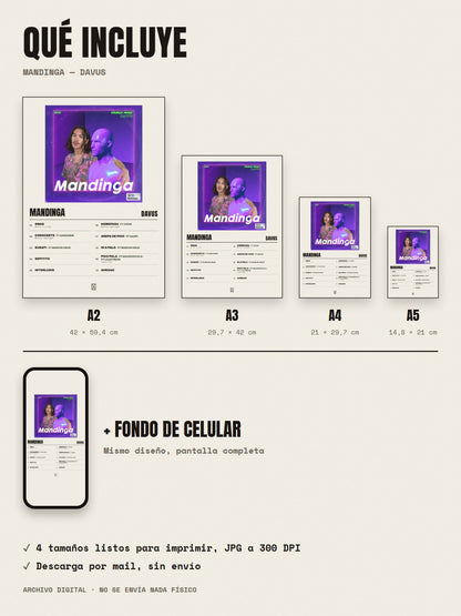 Qué incluye el póster de Mandinga de Davus: A2, A3, A4, A5 y fondo de celular