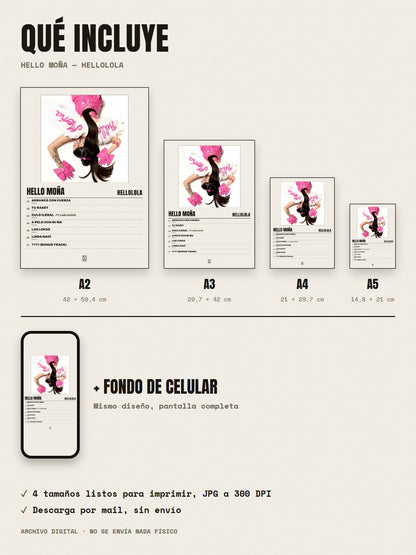 Qué incluye el póster de HELLO MOÑA de HELLOLOLA: A2, A3, A4, A5 y fondo de celular