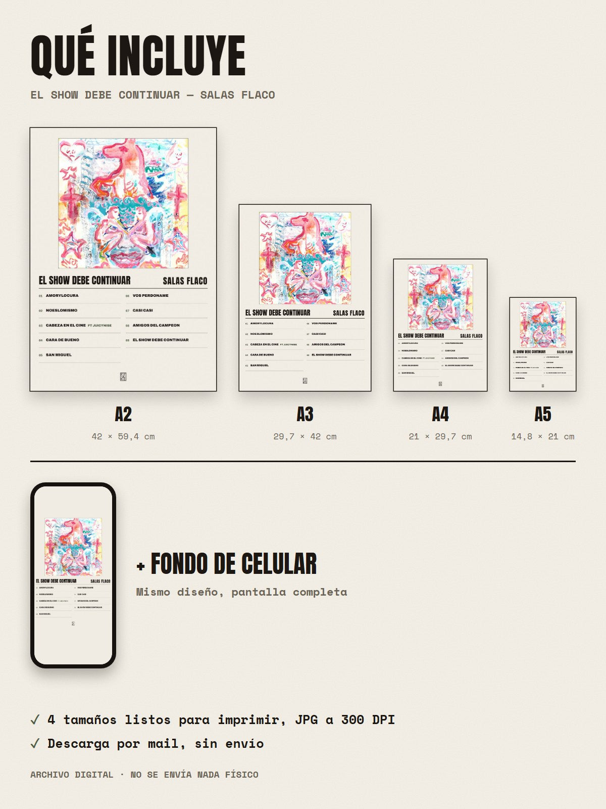 Qué incluye el póster de El Show Debe Continuar de Salas Flaco: A2, A3, A4, A5 y fondo de celular