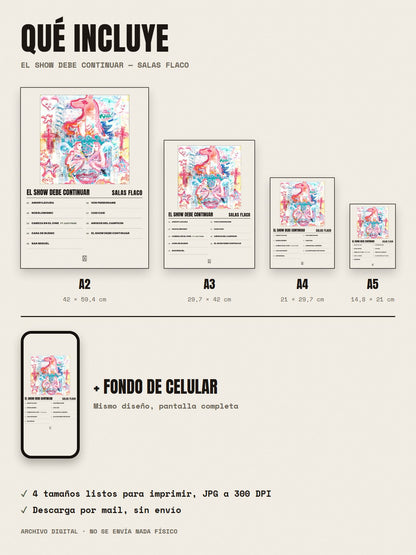 Qué incluye el póster de El Show Debe Continuar de Salas Flaco: A2, A3, A4, A5 y fondo de celular