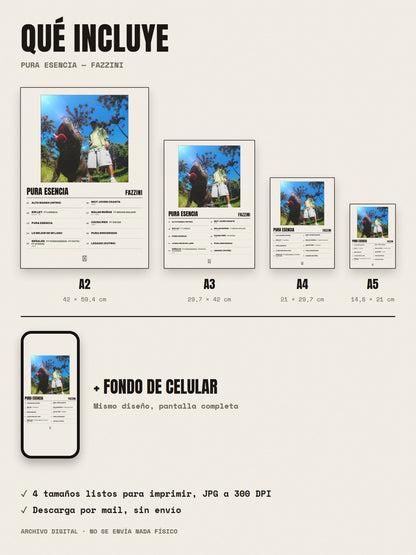 Qué incluye el póster de Pura Esencia de Fazzini: A2, A3, A4, A5 y fondo de celular