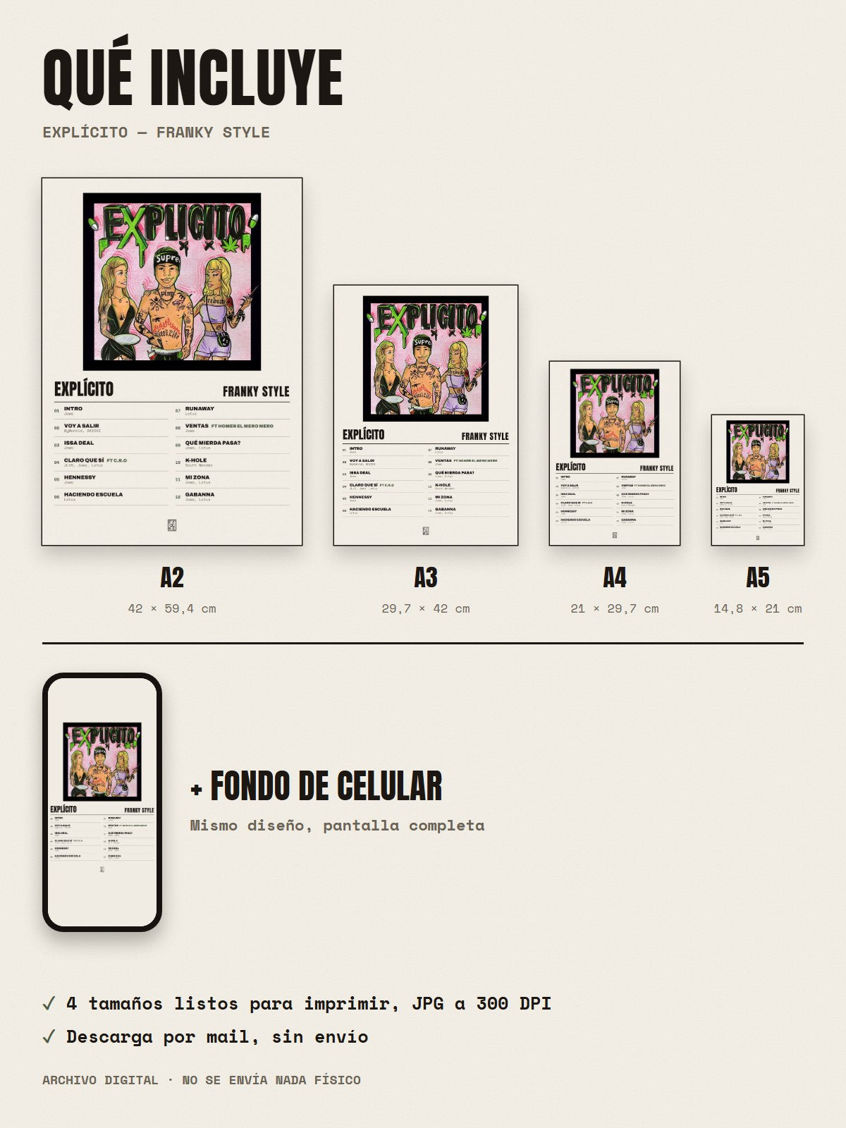 Qué incluye el póster de EXPLÍCITO de Franky Style: A2, A3, A4, A5 y fondo de celular