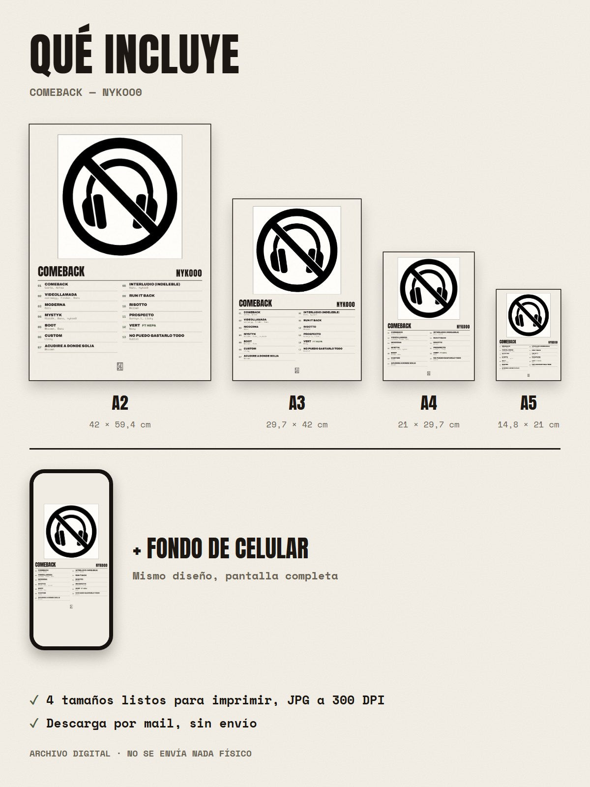 Qué incluye el póster de COMEBACK de nykoo0: A2, A3, A4, A5 y fondo de celular