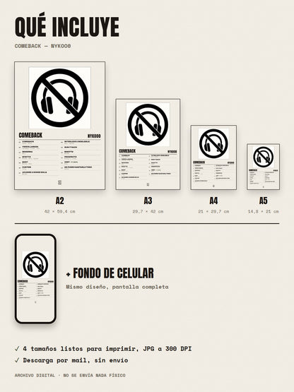 Qué incluye el póster de COMEBACK de nykoo0: A2, A3, A4, A5 y fondo de celular