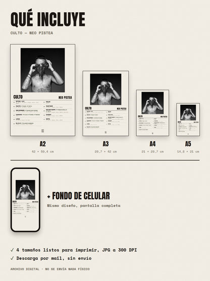Qué incluye el póster de CULTO de Neo Pistea: A2, A3, A4, A5 y fondo de celular