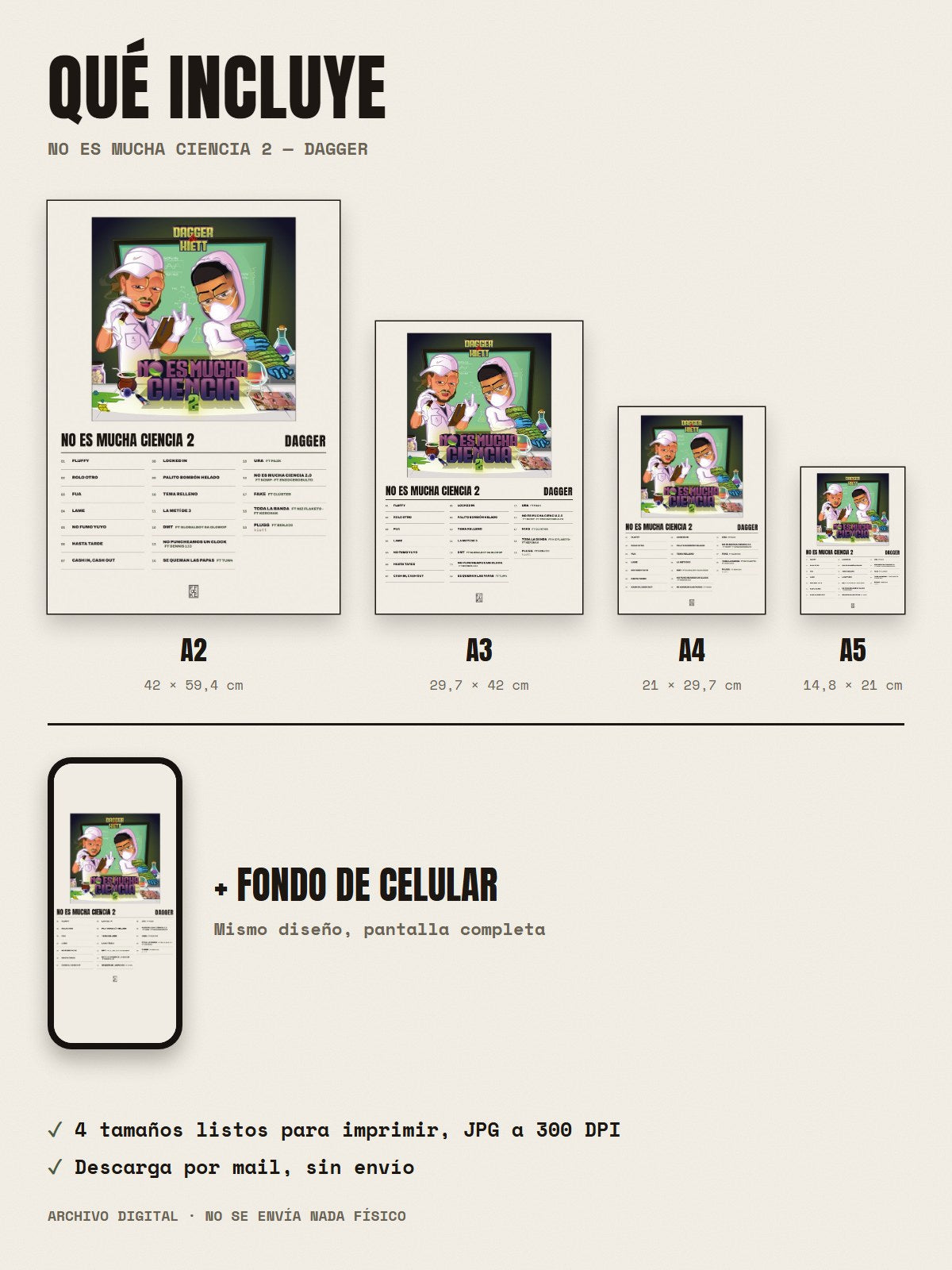 Qué incluye el póster de No es mucha ciencia 2 de Dagger: A2, A3, A4, A5 y fondo de celular