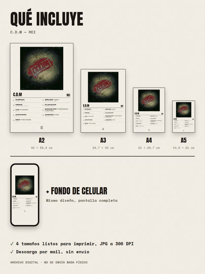 Qué incluye el póster de C.D.M de Rei: A2, A3, A4, A5 y fondo de celular