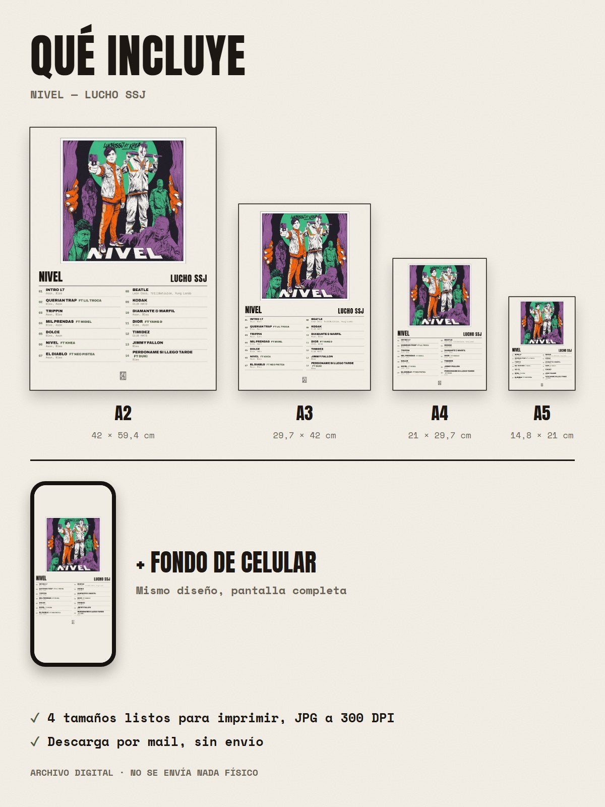Qué incluye el póster de Nivel de Lucho SSJ: A2, A3, A4, A5 y fondo de celular