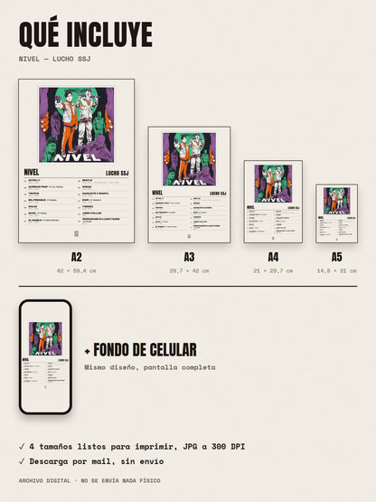 Qué incluye el póster de Nivel de Lucho SSJ: A2, A3, A4, A5 y fondo de celular