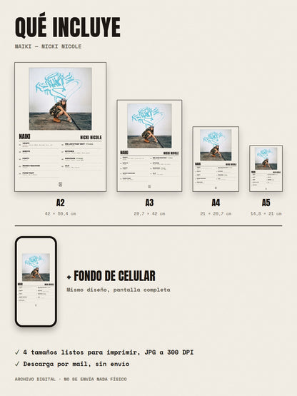 Qué incluye el póster de NAIKI de Nicki Nicole: A2, A3, A4, A5 y fondo de celular