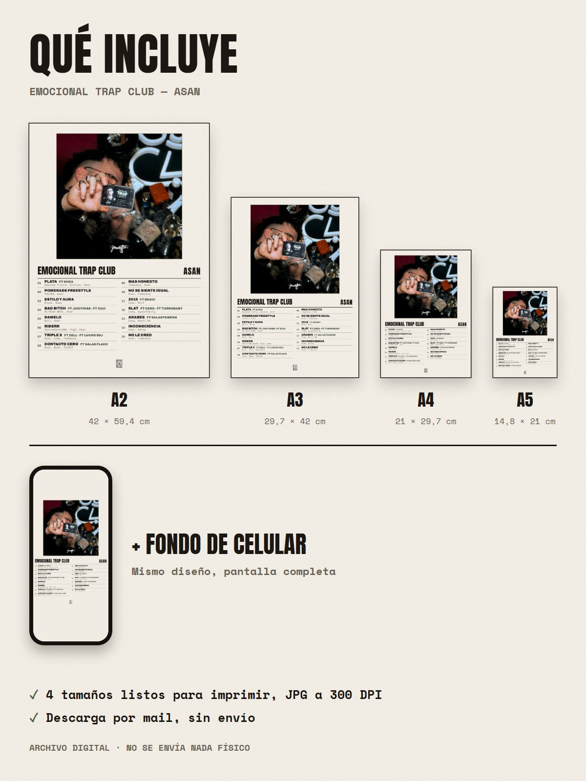 Qué incluye el póster de Emocional Trap Club de Asan: A2, A3, A4, A5 y fondo de celular