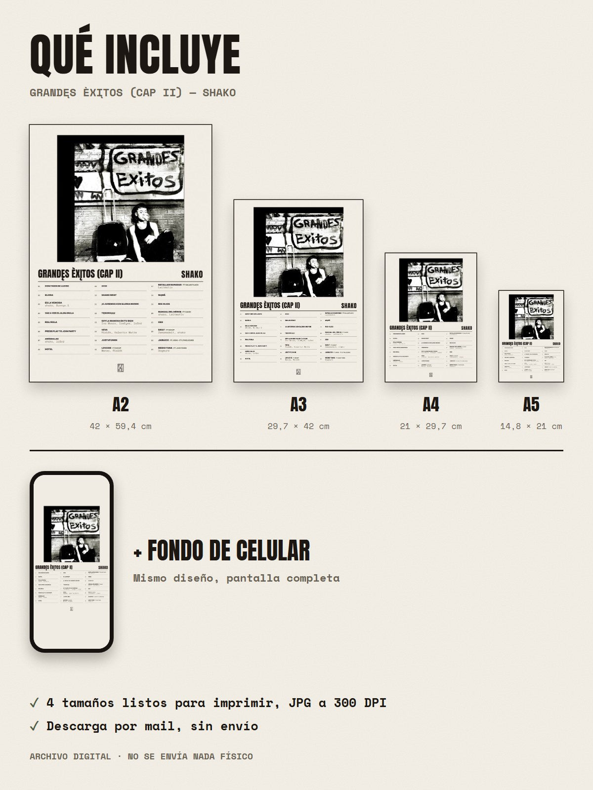 Qué incluye el póster de grandęs èxįtos (cap II) de Shako: A2, A3, A4, A5 y fondo de celular