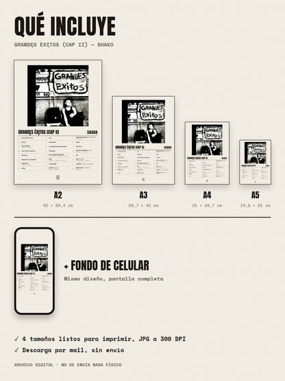 Qué incluye el póster de grandęs èxįtos (cap II) de Shako: A2, A3, A4, A5 y fondo de celular